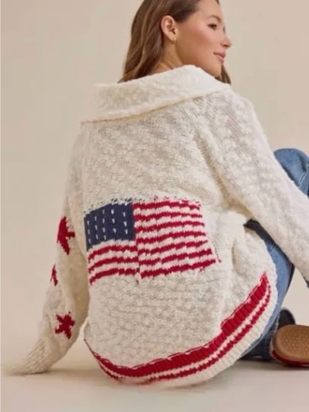 Altar'd State Cream American Flag 🇺🇸 Cardigan with Red Trim